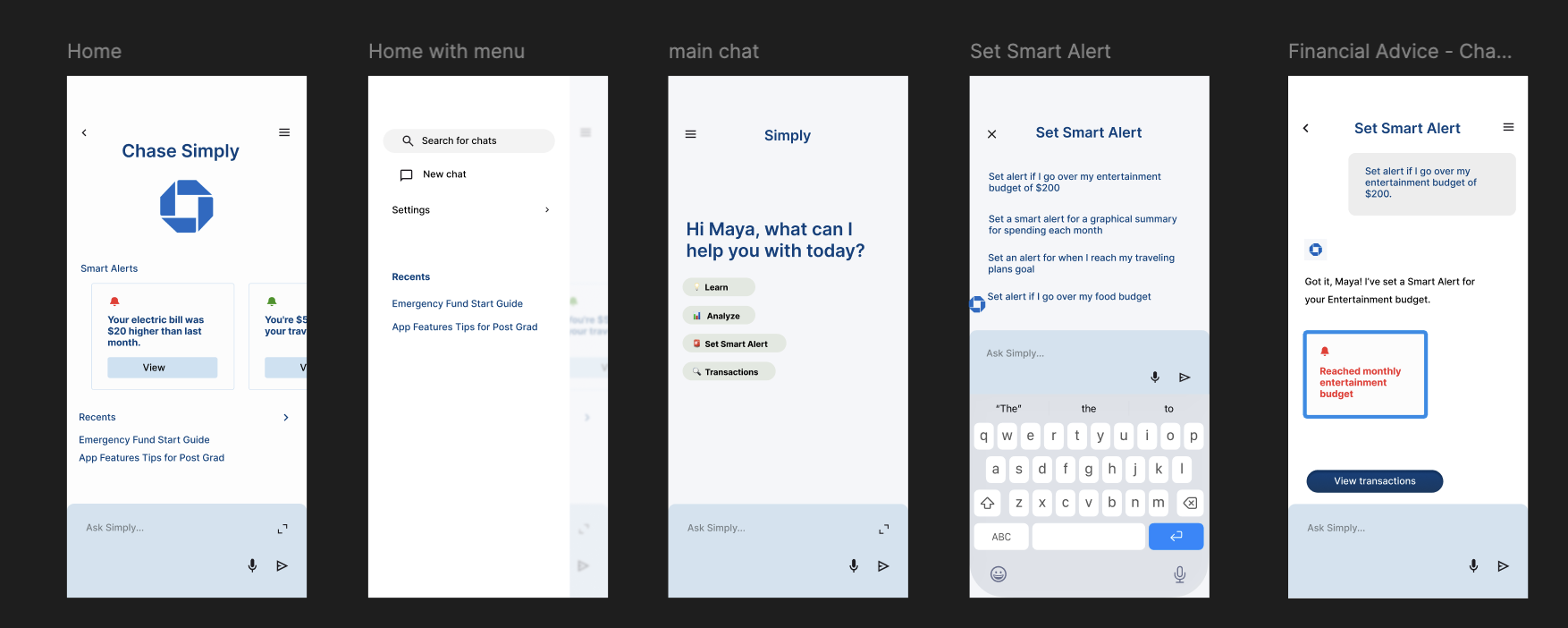 High-fidelity screens: goals questionnaire, spreadsheet, and Chase Simply AI