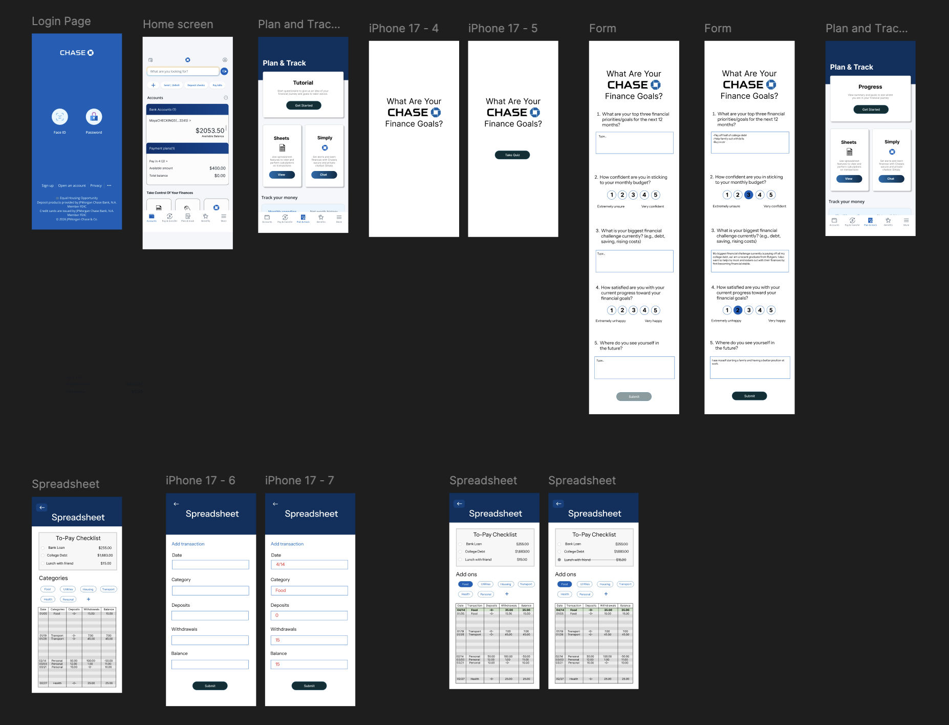High-fidelity screens: goals questionnaire, spreadsheet, and Chase Simply AI