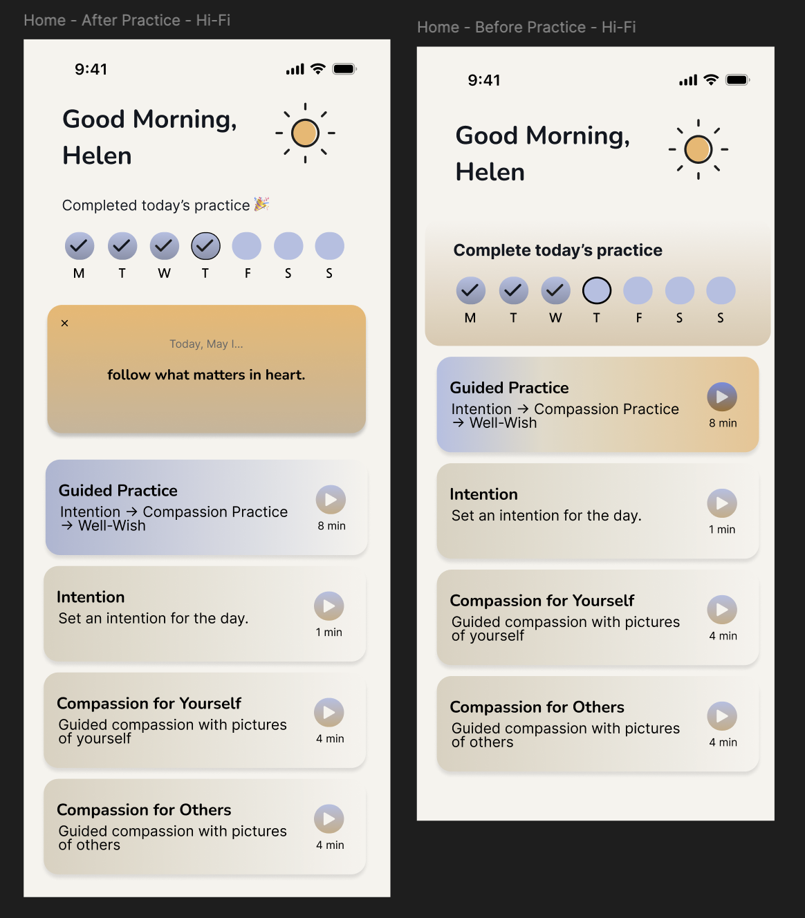 High-fidelity home screen design showing before and after practice states