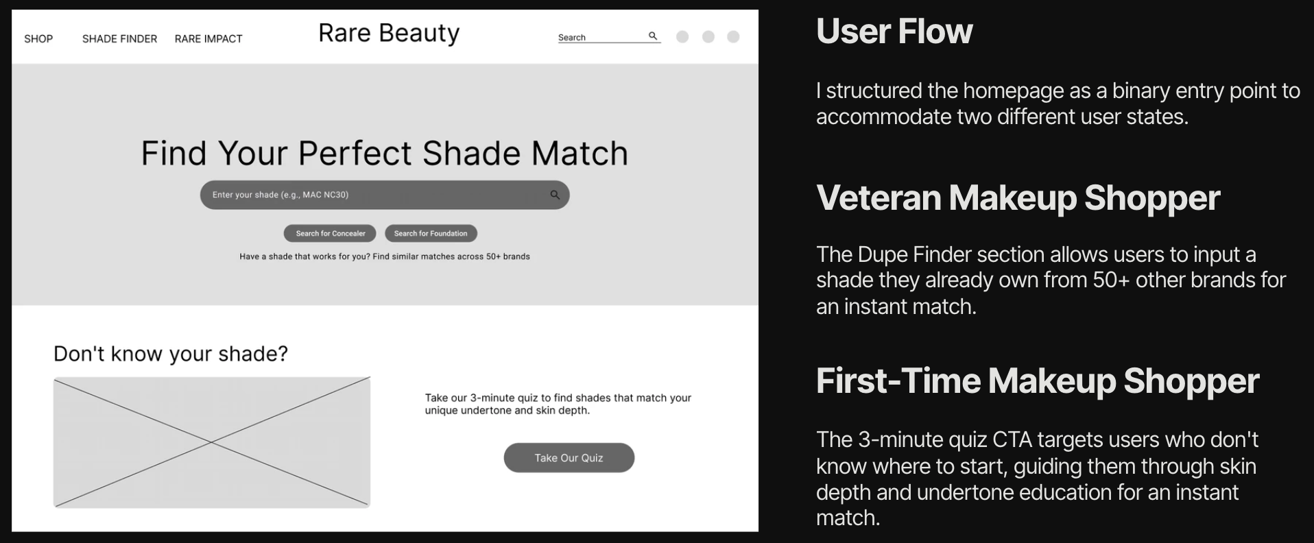 low-fidelity screens: homepage dual path