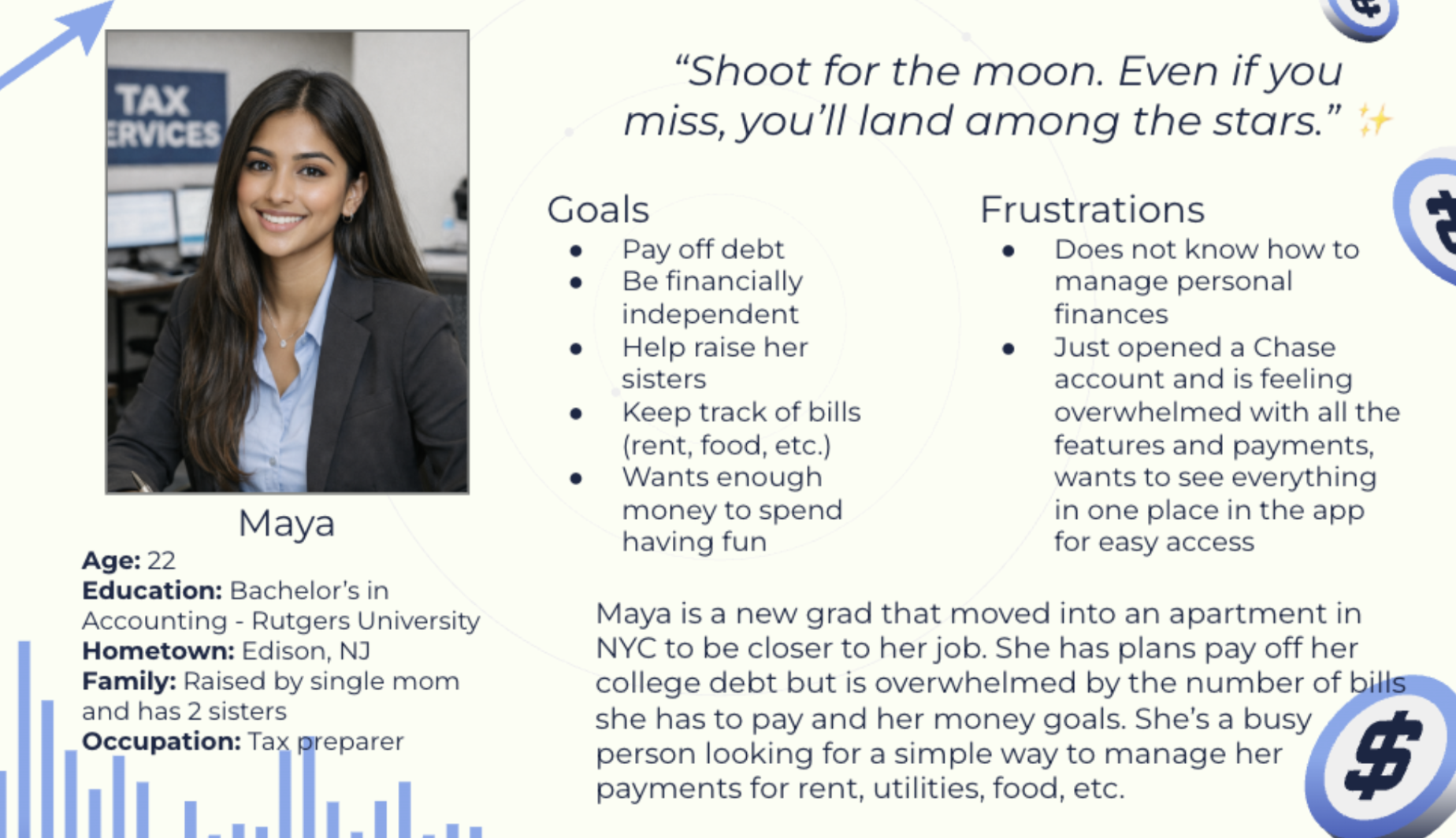 User persona: Maya, 22, Tax Preparer, Edison NJ