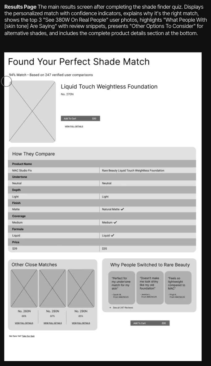 low-fidelity screens: quiz results page
